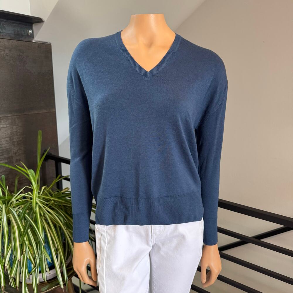 Maison Montagut Aurora 100% Merino Wool V-Neck Sweater Blue Size XS French Knit
